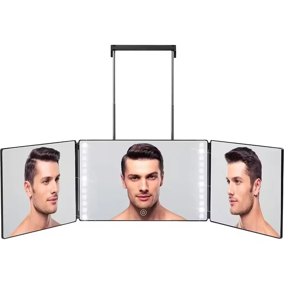 Trifold LED Mirror with Light - Adjustable Height 3-Way Self Haircut & Makeup Mirror