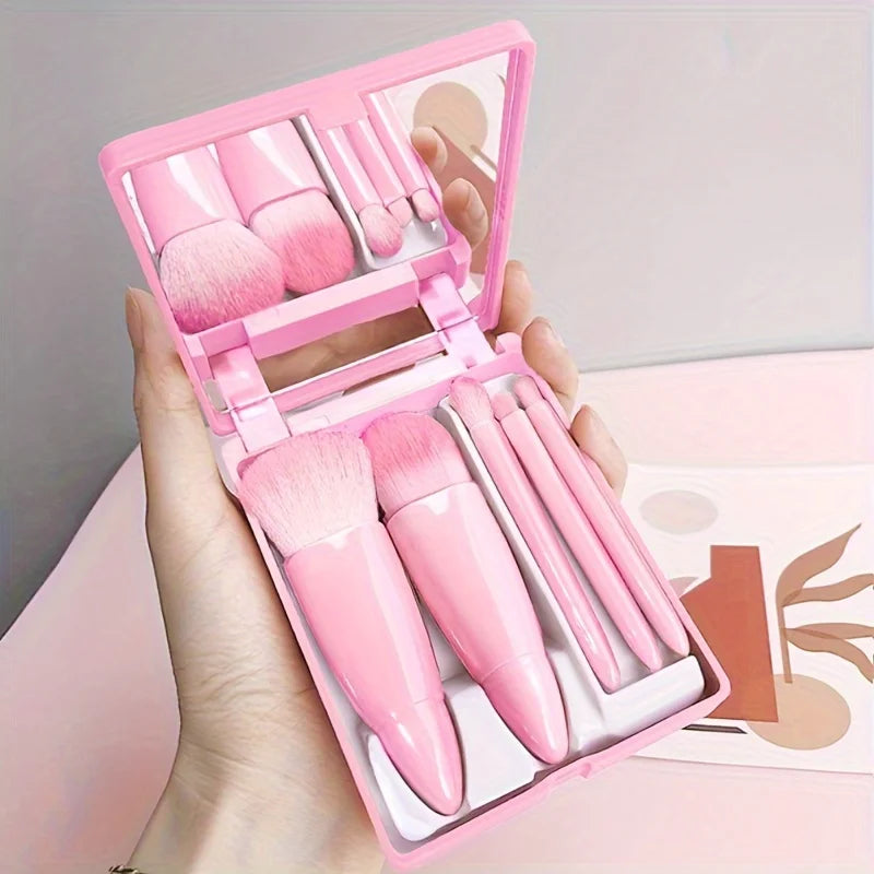 5Pcs Portable Foldable Makeup Brush Set with Mirror - Travel Kit
