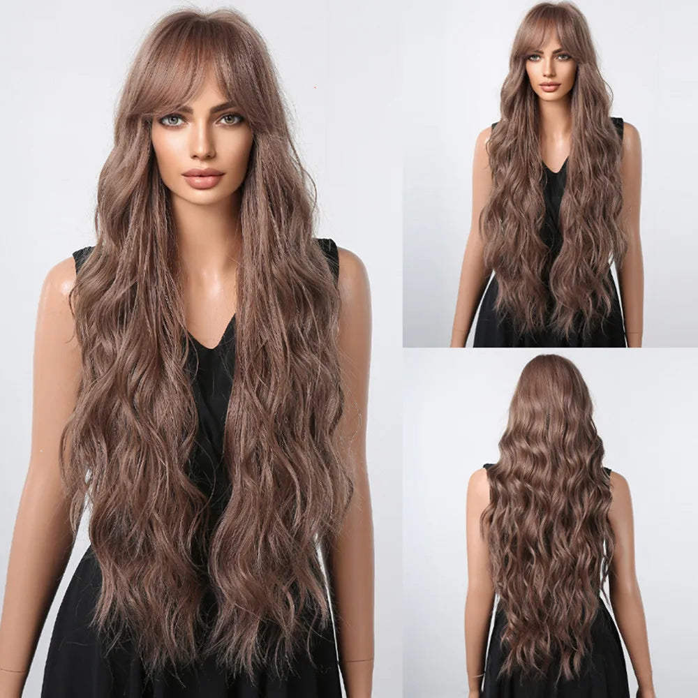 Brown Wavy Wig with Bangs for Women Heat-Resistant Synthetic Hair Cosplay