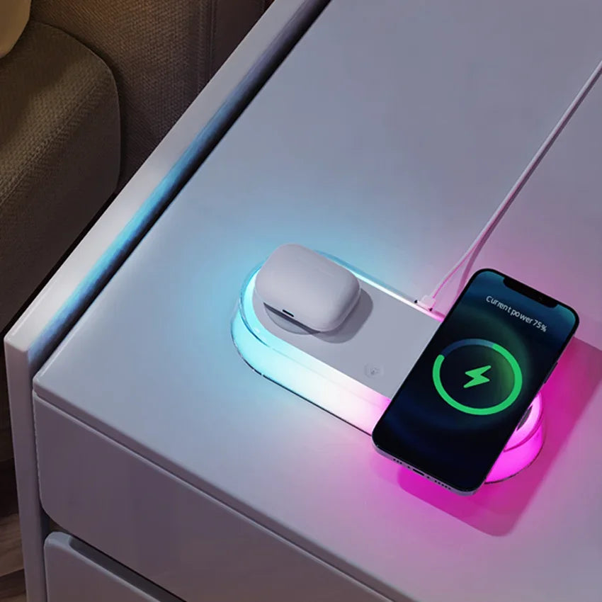 Wireless Charger Alarm Clock - 15W Fast Charging Dock with LED Light, Thermometer & Earphone Stand for iPhone & Samsung