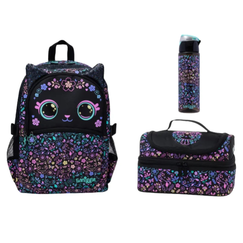 New Original Australia Smiggle Schoolbag for Girls with Black Cat Flower Lunch Bag & Pencil Case