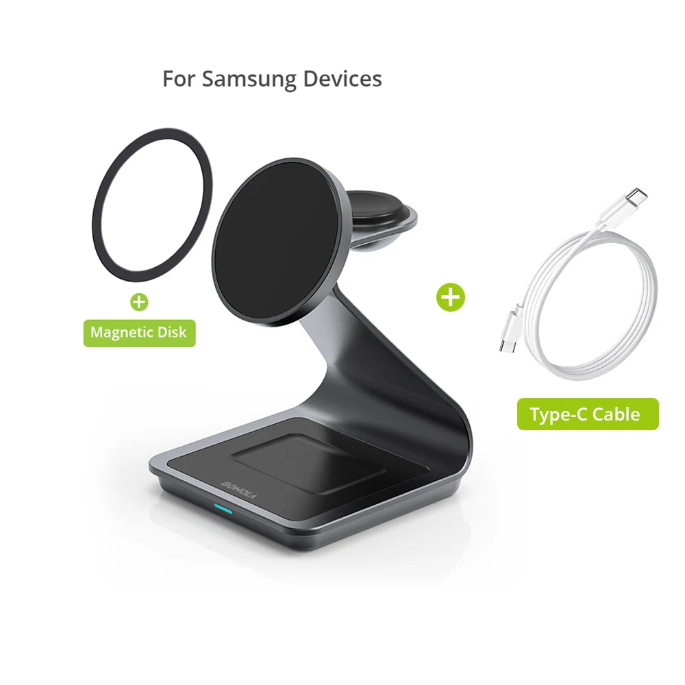 Bonola Magnetic 3-in-1 Wireless Charger Station - 25W Fast Charging Stand for Samsung S24 Ultra/S25, Galaxy Watch 7/6/5 & Earbuds