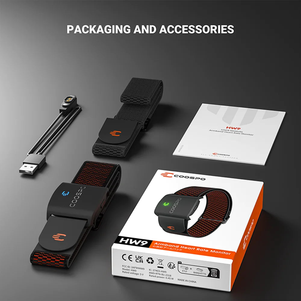 COOSPO HW9 Armband Heart Rate Monitor with HR Zones/Calories, HRM Sensor, BLE5.0 ANT+ for Fitness, Cycling, Peloton, Zwift, Wahoo