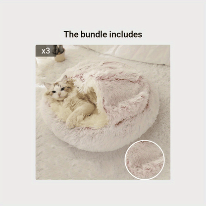2 in 1 Round Warm Pet Bed House Polyester Cat Bed, Long Plush, Winter, with Sleeping Bag Sofa Cushion for Cat