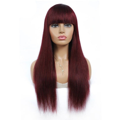 Brazilian Straight Human Hair Wigs with Bangs #99J No Glue Wig