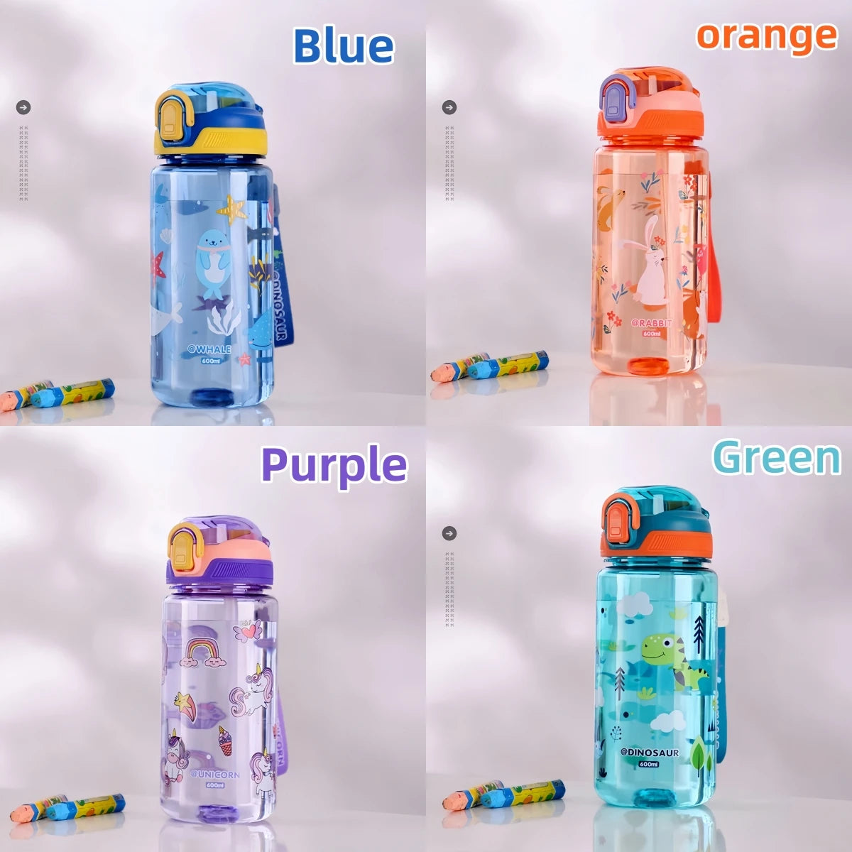 600ml Dinosaur Water Bottle for Kids, Leakproof Sippy Cup with Silicone Straw