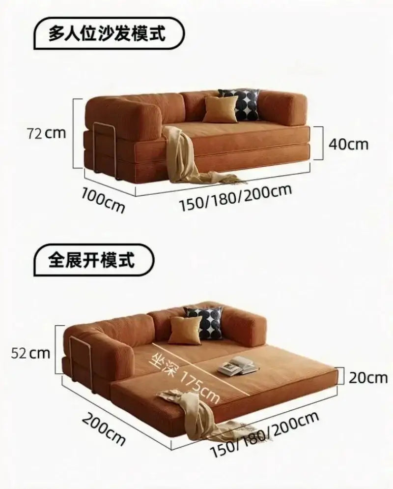 European Retro High-End Corduroy Sofa Bed, Foldable & Customizable Living Room Furniture