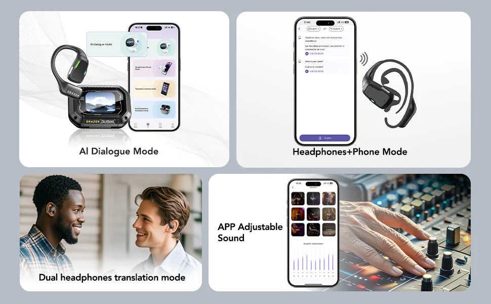 Erazer XP6 AI Translator Earbuds - Wireless Gaming Headset with Equalizer App & Waterproof Bluetooth Earphones
