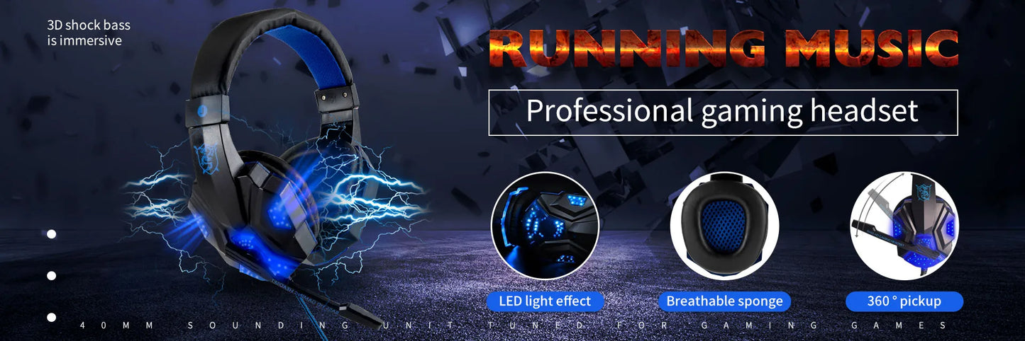Professional LED Light Wired Gaming Headphones with Microphone, Bass Stereo PC/PS4/PS5/Xbox Gaming Headset