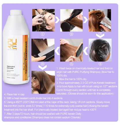 PURC 1000ml Keratin Hair Straightening & Smoothing Treatment for Curly, Frizzy Hair Professional Brazilian Keratin Care