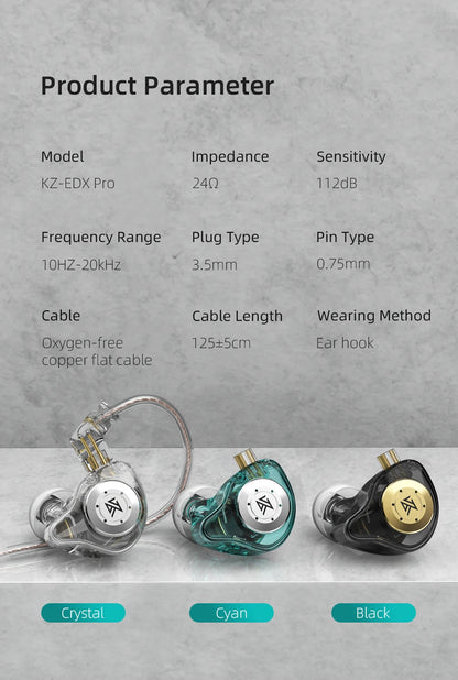 KZ EDX Pro HiFi Wired Earphones - Dynamic In-Ear Monitor with Noise Cancelling and Bass Stereo