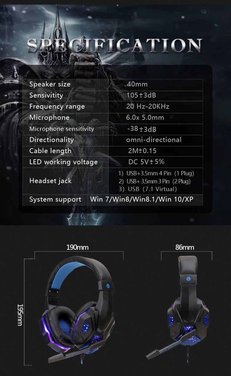 Professional LED Light Wired Gaming Headphones with Microphone, Bass Stereo PC/PS4/PS5/Xbox Gaming Headset