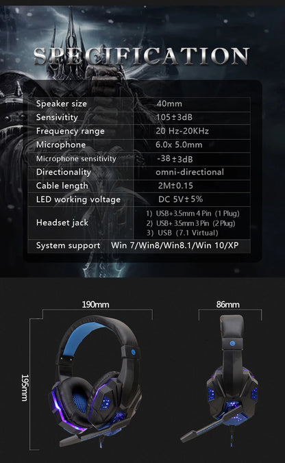 Professional LED Light Wired Gaming Headphones with Microphone, Bass Stereo PC/PS4/PS5/Xbox Gaming Headset