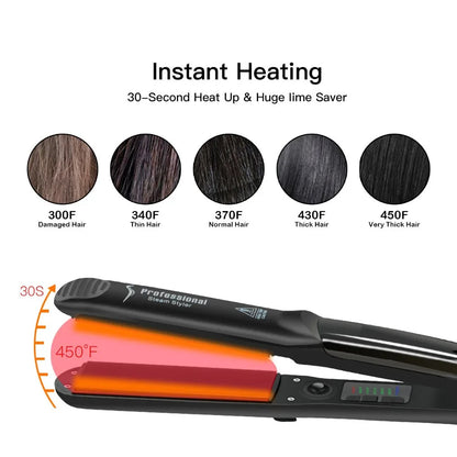 Steam Hair Straightener Professional Ceramic Vapor Flat Iron 450℉ with Argan Oil Treatment Hair Care Tool