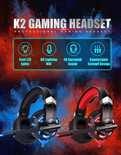 Professional LED Light Wired Gaming Headphones with Microphone, Bass Stereo PC/PS4/PS5/Xbox Gaming Headset