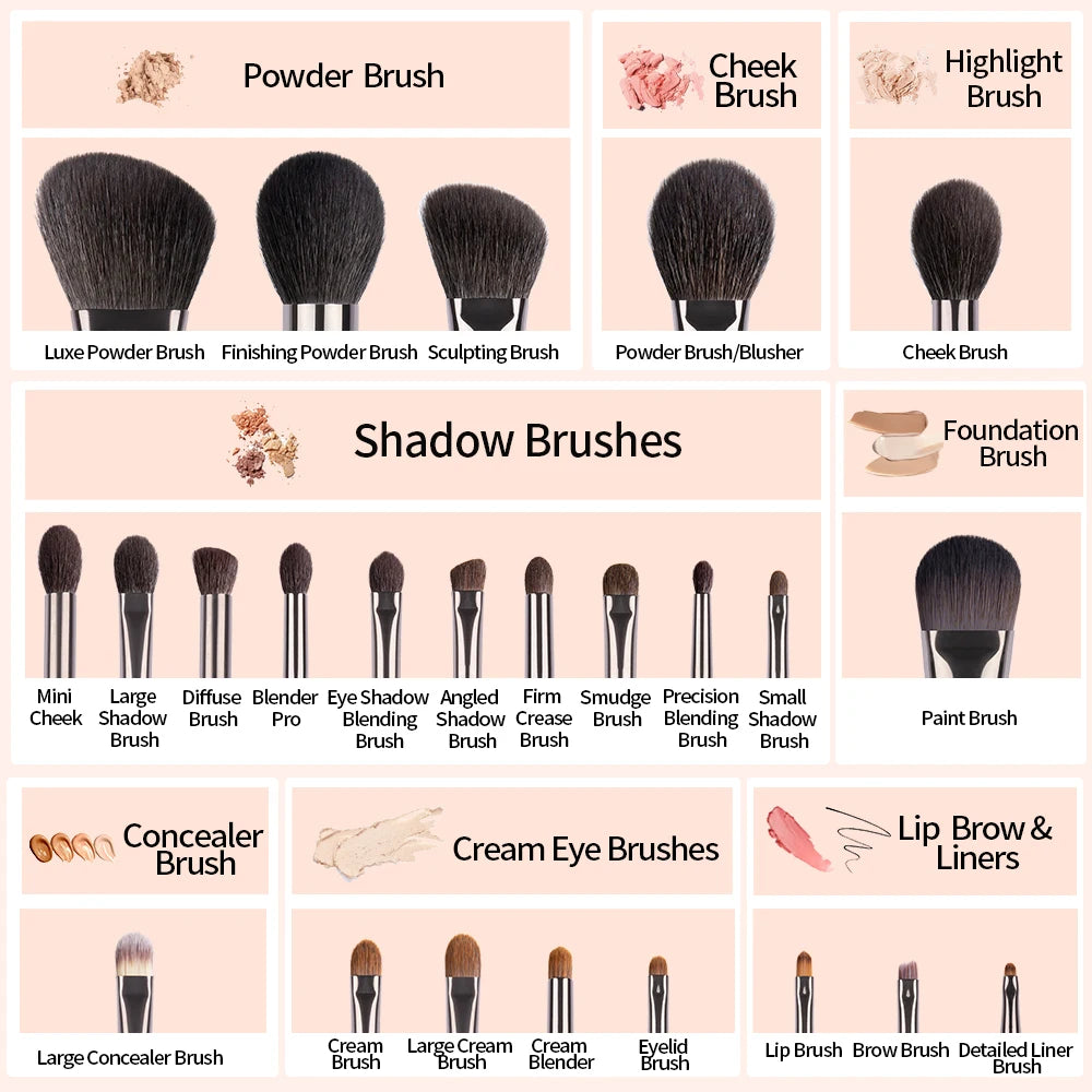 OVW Natural Goat Hair Makeup Brush Set - Professional Blending, Smudging & Shader Kit
