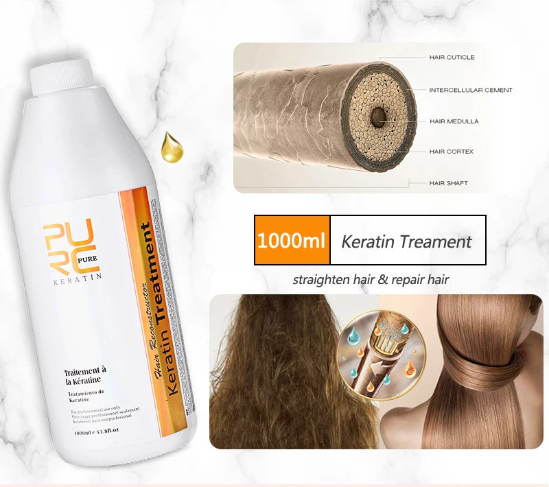 PURC 1000ml Keratin Hair Straightening & Smoothing Treatment for Curly, Frizzy Hair Professional Brazilian Keratin Care