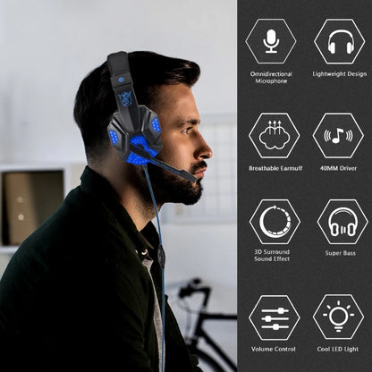 Professional LED Light Wired Gaming Headphones with Microphone, Bass Stereo PC/PS4/PS5/Xbox Gaming Headset