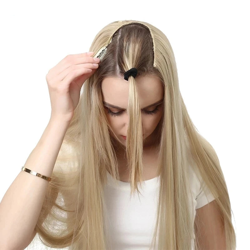 Synthetic U-Part Clip-in Blonde Hair Extensions Long Straight 16"-24"