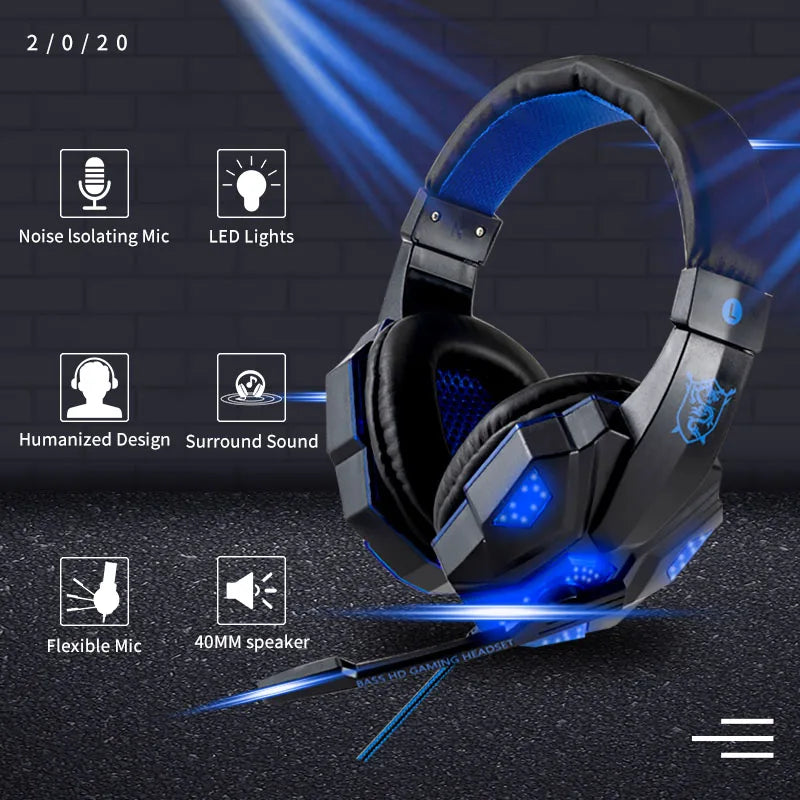 Professional LED Light Wired Gaming Headphones with Microphone, Bass Stereo PC/PS4/PS5/Xbox Gaming Headset