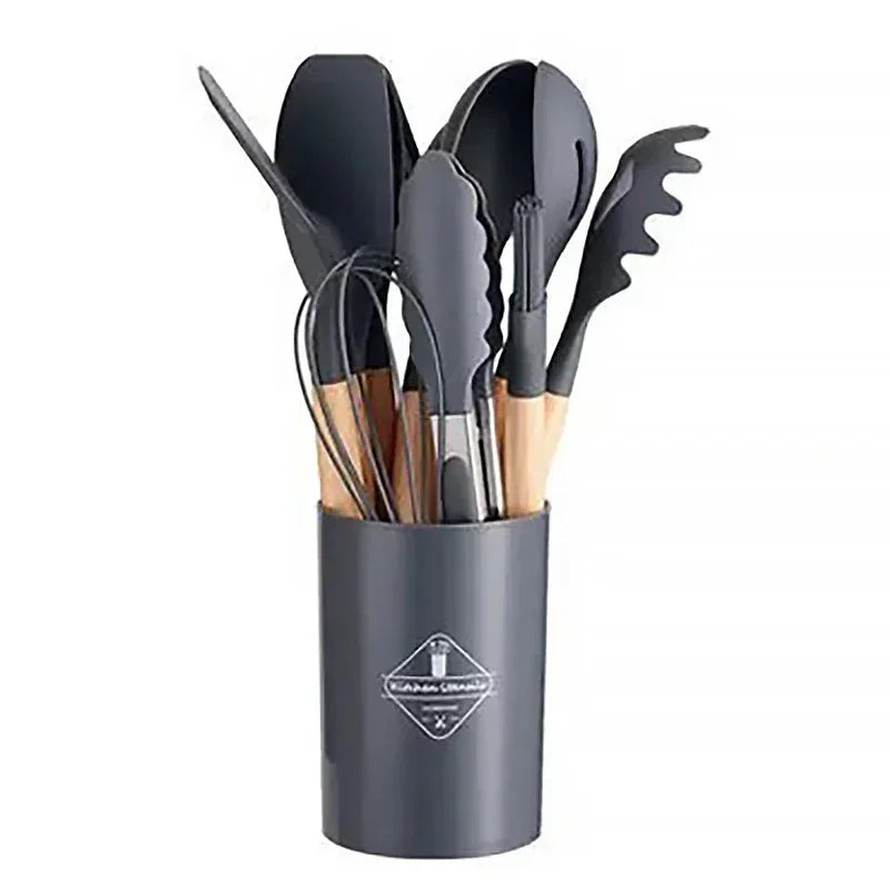 12Pcs Silicone Cooking Utensils Set with Wooden Handle, Non-Stick Kitchen Tools