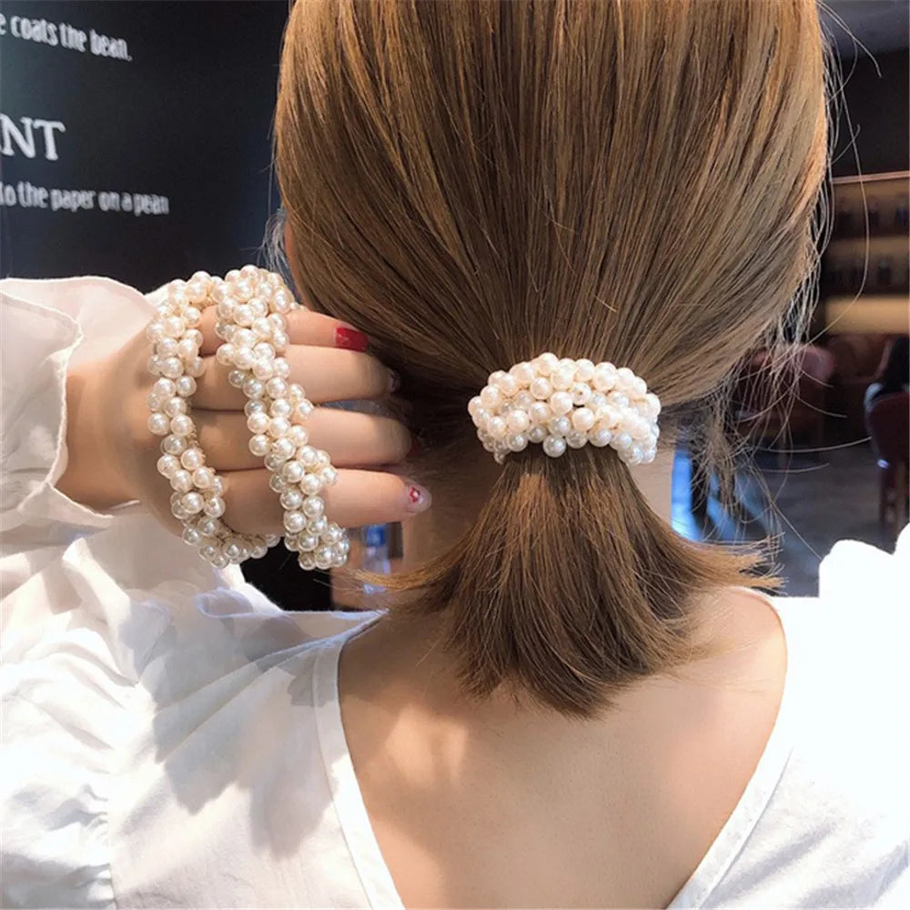 Crystal Pearls Hair Rope Handmade Elastic Beaded Ponytail Holder for Women & Girls Hair Accessories