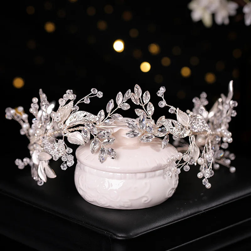 Bridal Hair Accessories - Crystal Pearl Rhinestone Tiara Headband with Leaf Design for Women