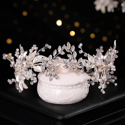 Bridal Hair Accessories - Crystal Pearl Rhinestone Tiara Headband with Leaf Design for Women