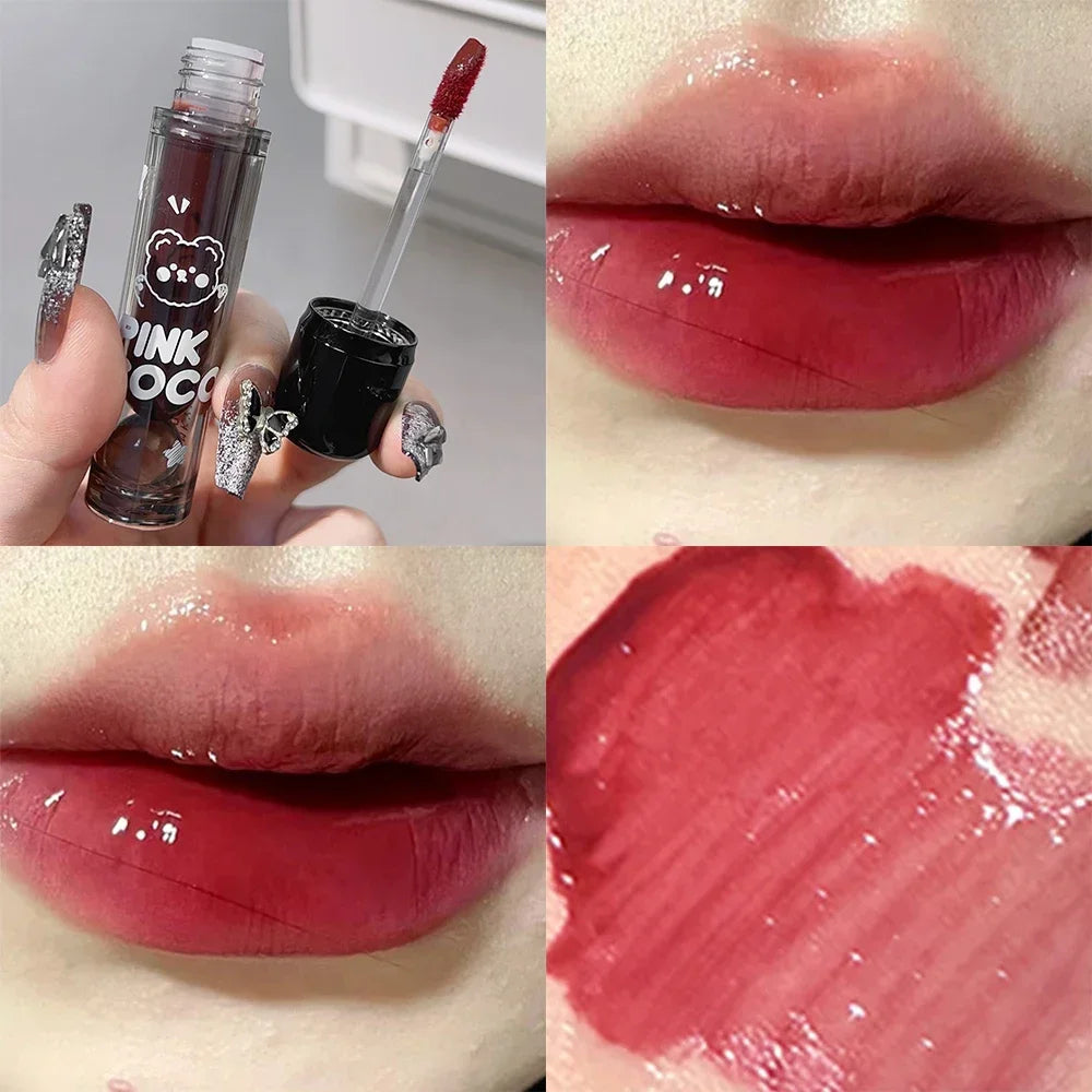 Dark Black Mirror Water Lip Gloss - Moisturizing, Long-Lasting Non-Stick Cup Lipstick in Tea Brown & Red
