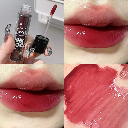 Dark Black Mirror Water Lip Gloss - Moisturizing, Long-Lasting Non-Stick Cup Lipstick in Tea Brown & Red