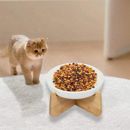 Raised Ceramic Cat Bowl with Wood Stand - Anti-Vomiting Slow Feeder