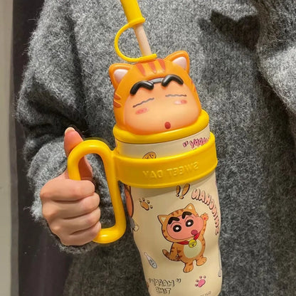 800ML Crayon Shin-Chan Stainless Steel Thermos Cup – Large Capacity with Handle & Straw for Kids