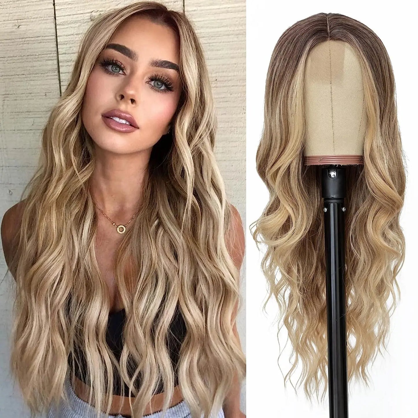 Synthetic Long Lace Ombre Blonde Wavy Wig 26 Inch for Women