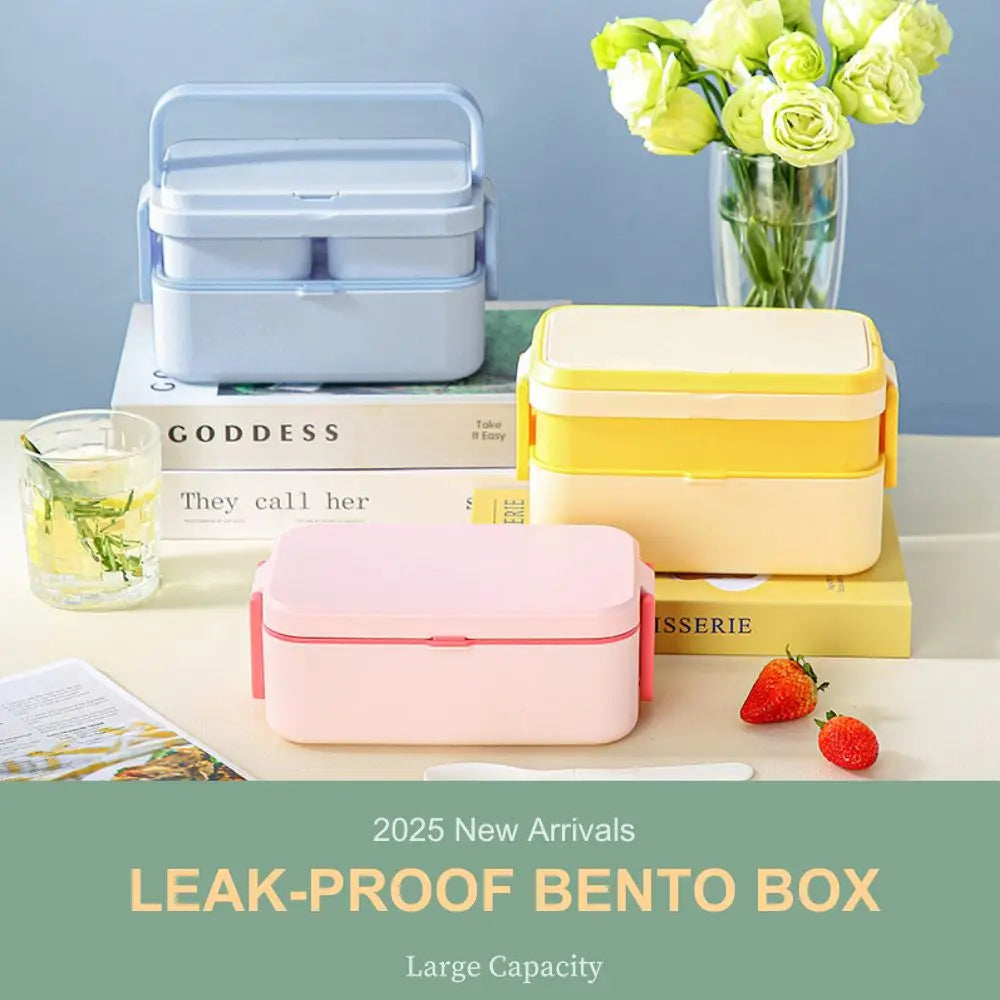 2-Layer Bento Box with Handle, Large Capacity Leak-Proof Lunch Box for Kids, Microwave Safe