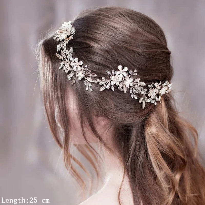 Bridal Hair Accessories - Crystal Pearl Rhinestone Tiara Headband with Leaf Design for Women