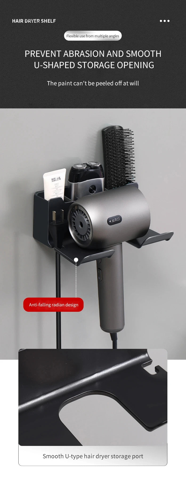 Wall-Mounted Hair Dryer Holder, Organizer Box & Straightener Stand for Bathroom Accessories