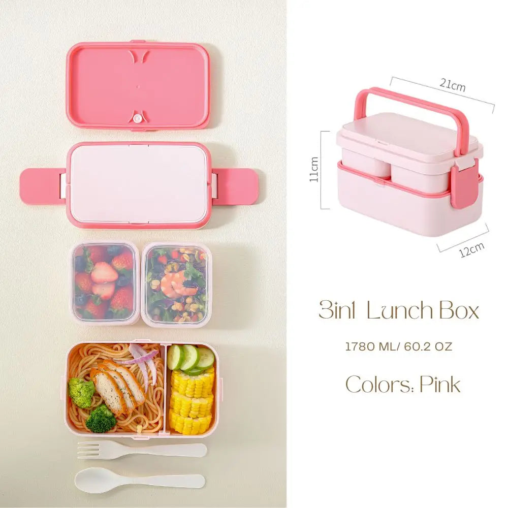 2-Layer Bento Box with Handle, Large Capacity Leak-Proof Lunch Box for Kids, Microwave Safe