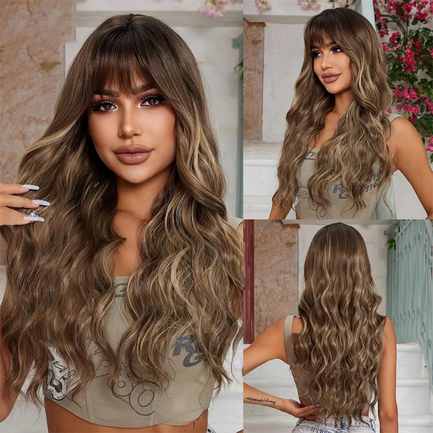Brown Wavy Wig with Bangs for Women Heat-Resistant Synthetic Hair Cosplay
