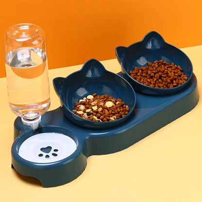 3-in-1 Tilted Pet Bowl Set with Water Feeder & Gravity Bottle for Neck Protection