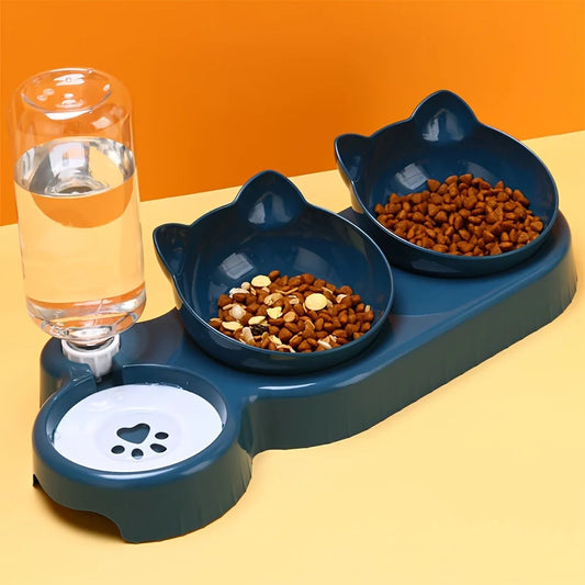 3-in-1 Tilted Pet Bowl Set with Water Feeder & Gravity Bottle for Neck Protection