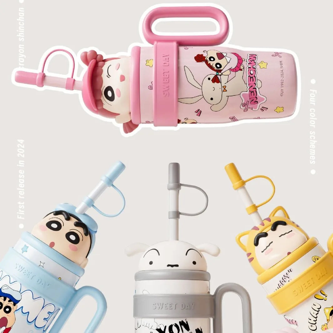 800ML Crayon Shin-Chan Stainless Steel Thermos Cup – Large Capacity with Handle & Straw for Kids