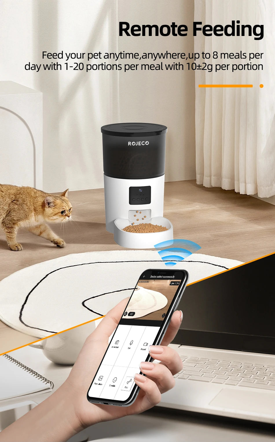 ROJECO Automatic Cat Feeder with Camera & Smart Voice Recorder for Cats & Dogs