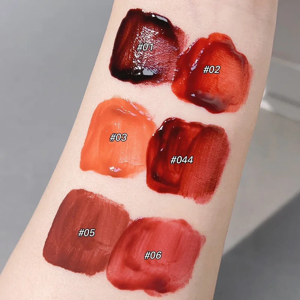 Dark Black Mirror Water Lip Gloss - Moisturizing, Long-Lasting Non-Stick Cup Lipstick in Tea Brown & Red