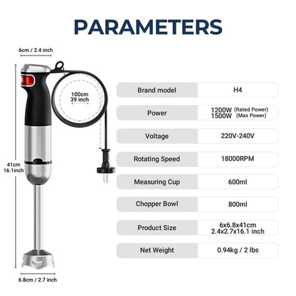 6-in-1 Electric Handheld Stick Blender - Stainless Steel Blades, 1500W for Home & Kitchen