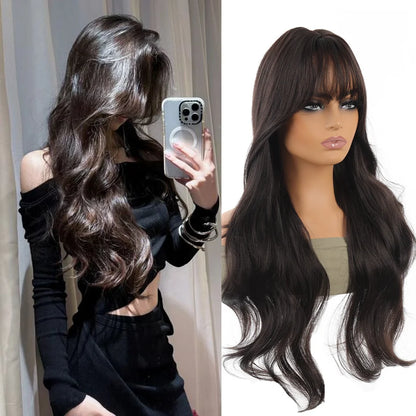 Synthetic Linen Long Straight Hair Wig with Bangs & Curly Ponytail Extensions