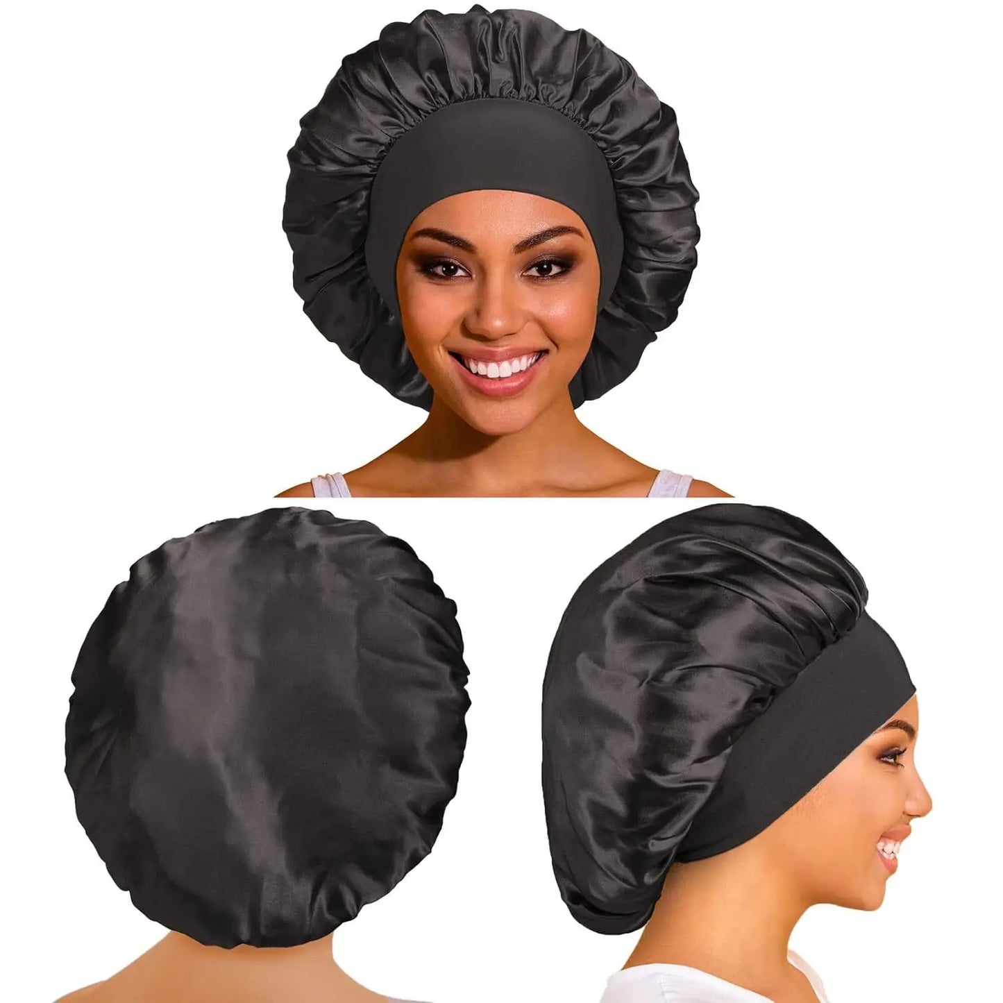1PC Women's Satin Bonnets - Wide-Brimmed Night Sleeping & Bathing Hat with Elastic Band for Hair Care