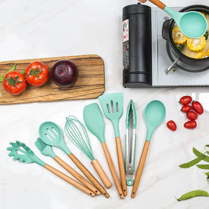 12Pcs Silicone Cooking Utensils Set with Wooden Handle, Non-Stick Kitchen Tools