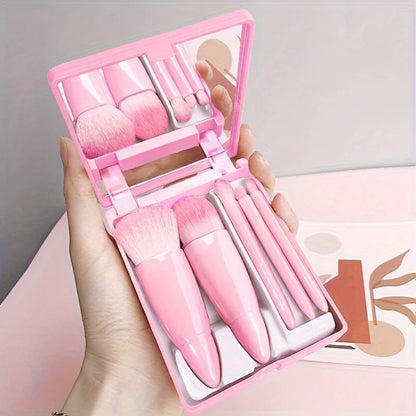 5Pcs Portable Foldable Makeup Brush Set with Mirror - Travel Kit