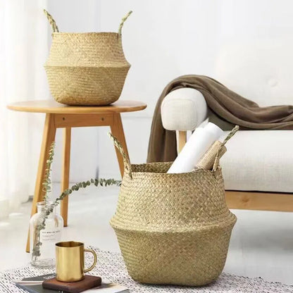 Storage Baskets - Straw Wicker Rattan Hanging Flowerpot, Seagrass Folding Laundry & Garden Plant Basket, Home Decor