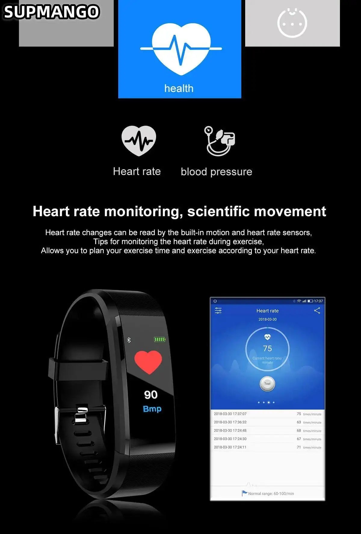 115Plus Sports Fitness Tracker Watch, Waterproof Smart Bracelet for Men and Women, Intelligent Activity Monitor